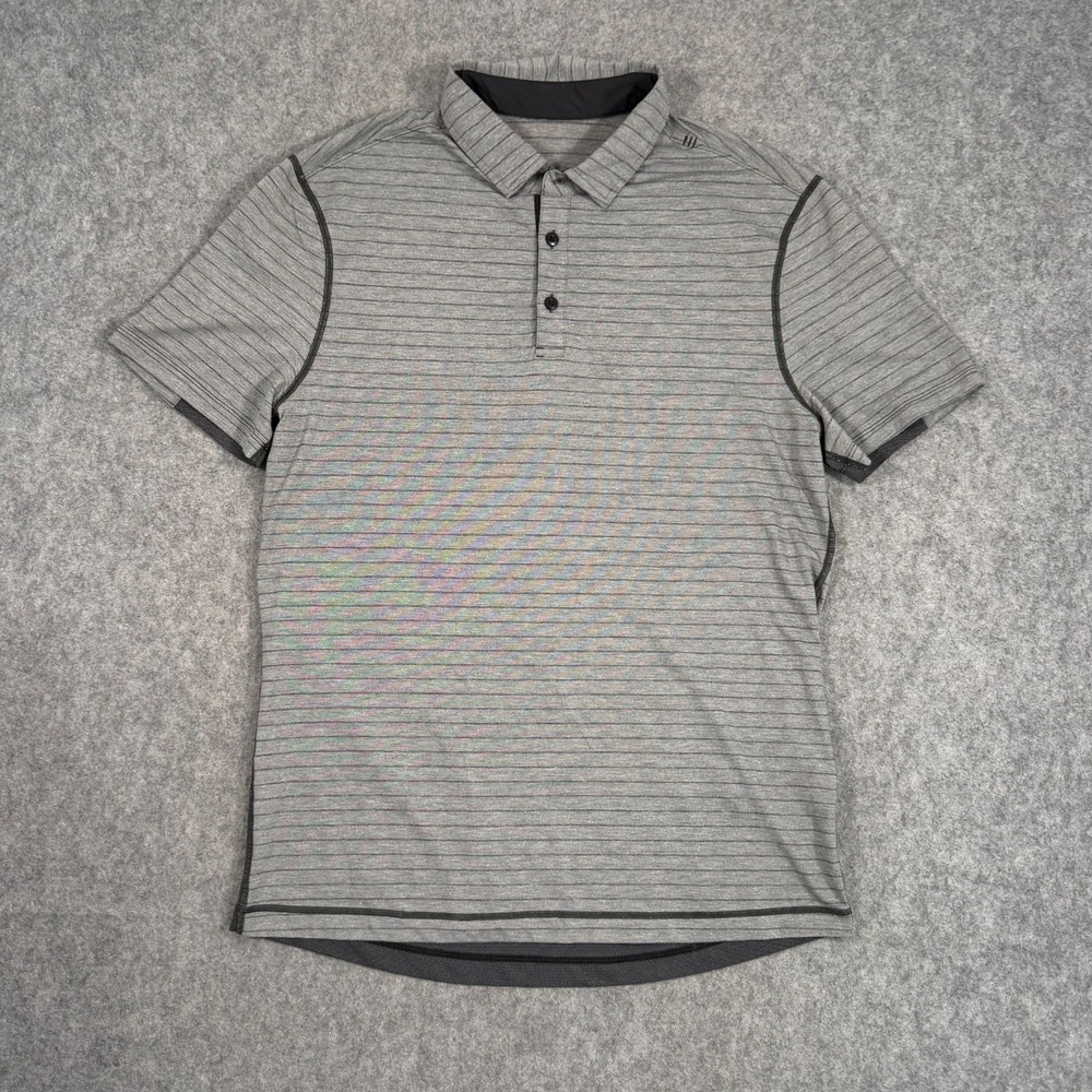 Lululemon Athletica Gray Black Striped Color Block Short Sleeve Polo Shirt Men's